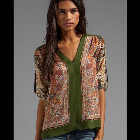 BCBGMaxAzria Tops - BCBG MaxAzria Floral top long sleeve high low cilantro Combo large